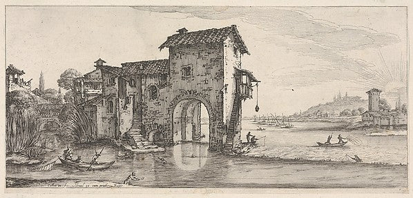 Landscape with water-mill and figures fishing in boat on the l, Poster Print Wall Art