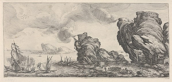 Naval battle with ruined ship and smoking battlements from 'I, Poster Print Wall Art