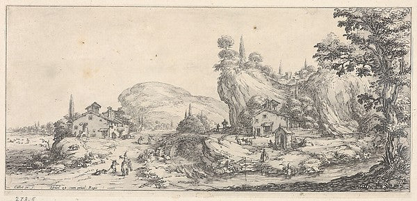 Walking and mounted figures surrounding a river traversed by a, Poster Print Wall Art