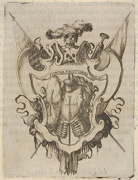A cartouche with armor a skull with armor and a helmet with f,16x12"(A3)Poster