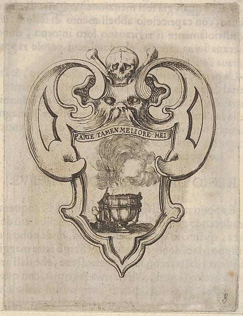 A cartouche with a censer a skull and crossbones and a grotes, Poster Print