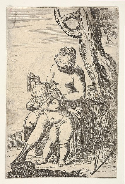 Venus tying a blindfold over Cupid's eyes from the series 'Sp, Poster Print