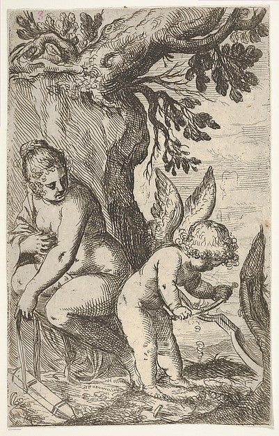 Cupid carves a wooden bow with a file with his back turned to, Poster Print