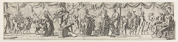 Frieze-like composition of figures walking alongside draped cu, Poster Print Wall Art