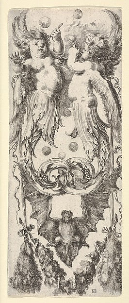 Two putti above their legs ending in scrollwork a bat below ,16x12"(A3)Poster