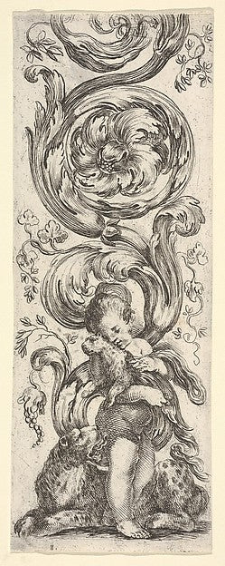 A young boy holding a young leopard in his arms the mother le, Poster Print