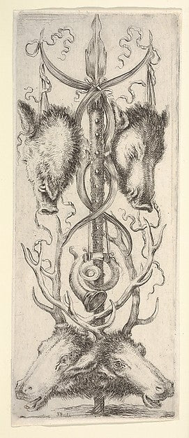 A hunting trophy two wild boar heads above two deer heads be,16x12"(A3)Poster