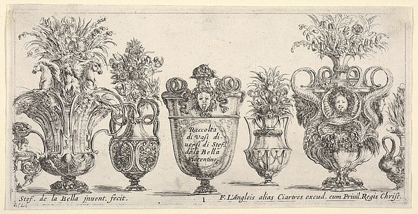 Seven vases the vase in the middle decorated with the face of, Poster Print