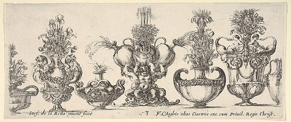 Seven vases the vase in the middle formed by three infants e, Poster Print
