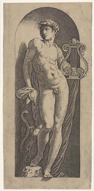 A statue of Apollo naked standing in a niche holding a lyre ,16x12"(A3)Poster