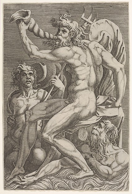 Seated Neptune holding a conch shell to his mouth accompanied, Poster Print