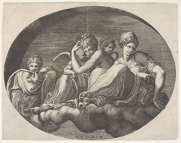 Venus and Cupid and two other goddesses seated on a cloud unde, Poster Print Wall Art