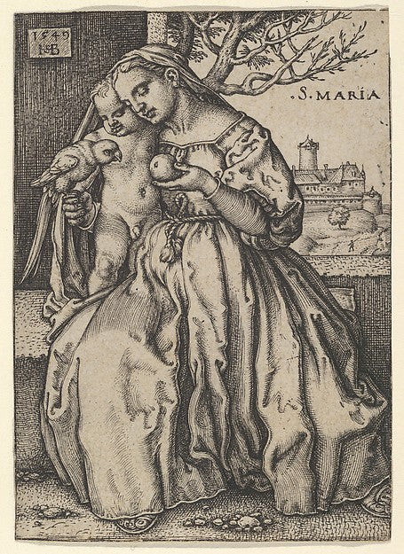 The Virgin and Child with the Parrot 1549-Sebald Beham, After,16x12"(A3)Poster