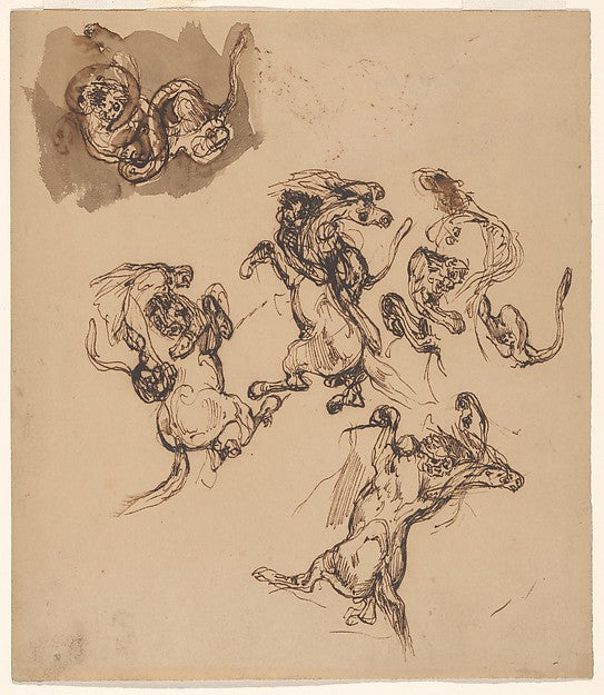 Studies of a Rearing Horse Attacked by a Lion and a Lion Wrest, Poster Print Wall Art