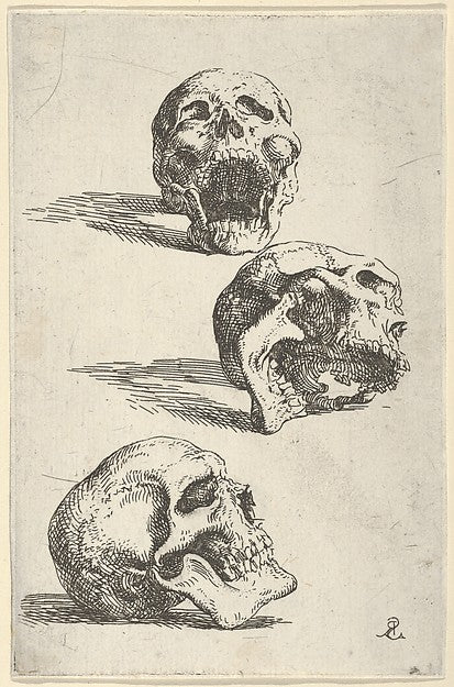 Three human skulls study for "Democritus in Meditation" 1662, Poster Print Wall Art