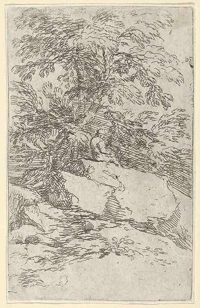 Landscape with a figure seated on a rock c1640-Salvator Rosa , Poster Print Wall Art
