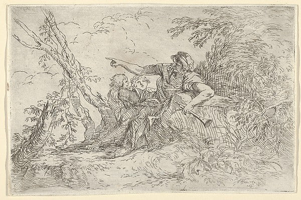Shepherd holding a flute and two other figures in a landscape, Poster Print Wall Art