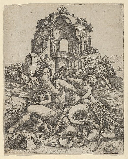 Leda and her children playing with the swan with a Roman temp, Poster Print Wall Art