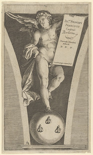 Cherubino Alberti - Winged genius holding a tableau standing o, Poster Print Wall Art
