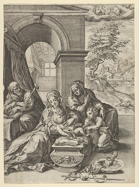 Attributed to Cherubino Alberti - The Holy Family with Saint A, Poster Print Wall Art