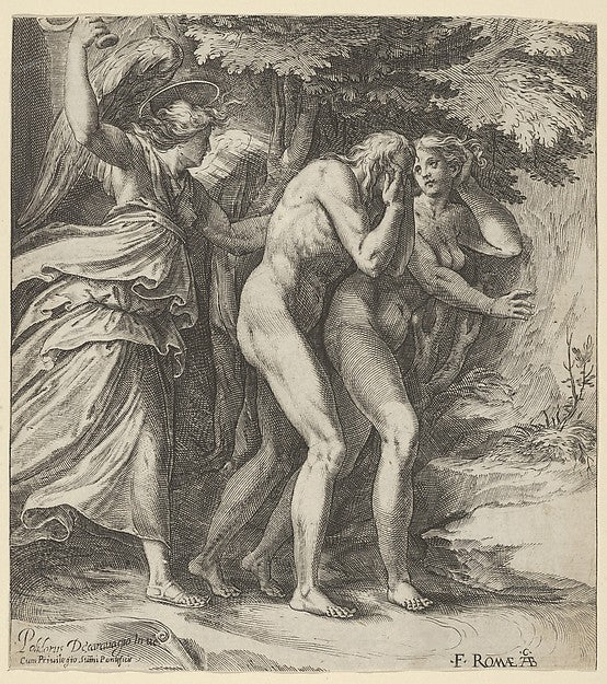 The Expulsion from Paradise with an Angel wielding a sword beh, Poster Print