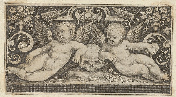 Nicolaes de Bruyn:Two Genii with a Skull and Grasshoppers 15-16x12"(A3) Poster