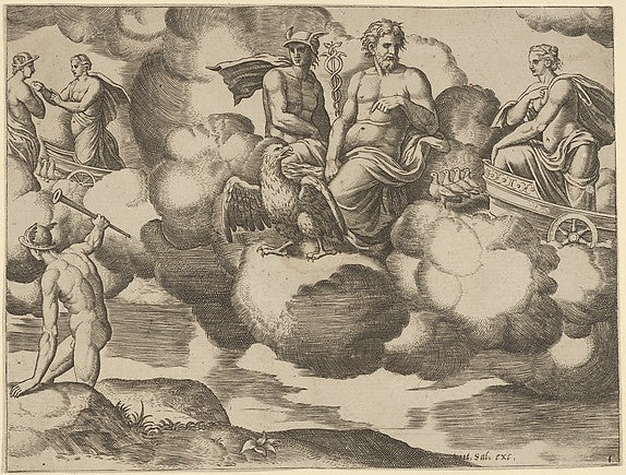 Venus in her dove-drawn chariot complaining to Jupiter who is , Poster Print