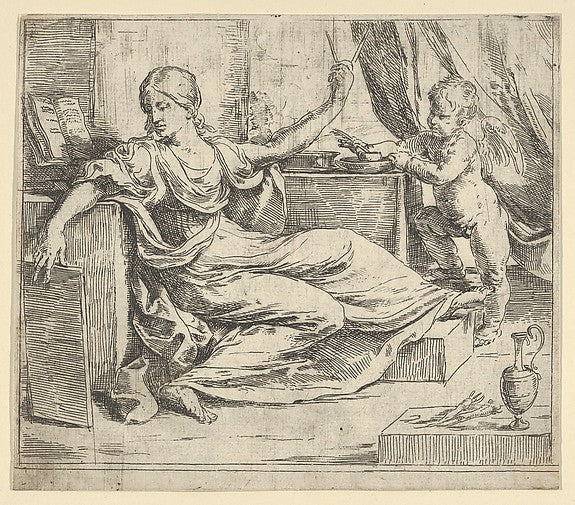 Seated woman holding a tablet and compass a winged putto at , Poster Print Wall Art