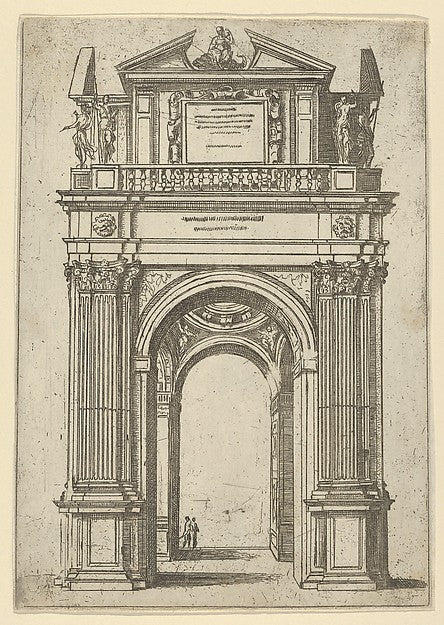 Triumphal arch surmounted by woman seated on a dolphin four s, Poster Print