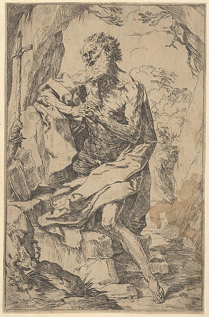 Saint Jerome kneeling on a rock in front of a cross and an ope, Poster Print