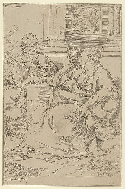The Holy Family seated together in front of a collonade Saint, Poster Print