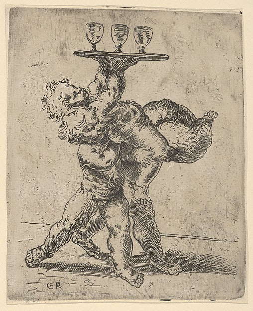 Two naked boys carrying a third who supports a tray with three, Poster Print