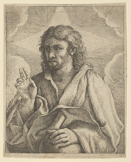 Christ holding a globe looking to the left and making the sig, Poster Print Wall Art