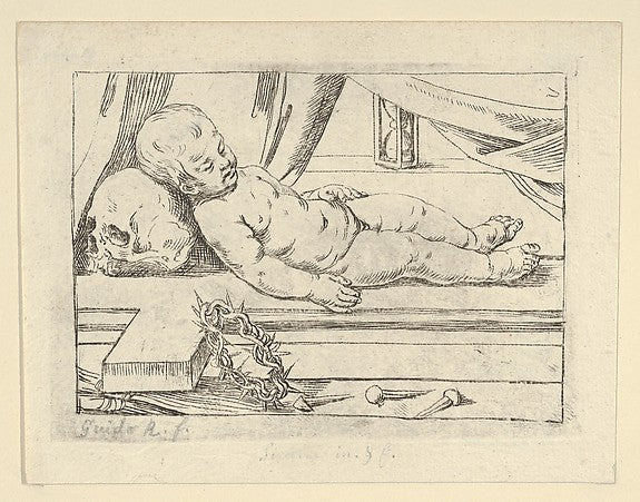 The infant Christ asleep on a cross his head resting on a sku, Poster Print Wall Art