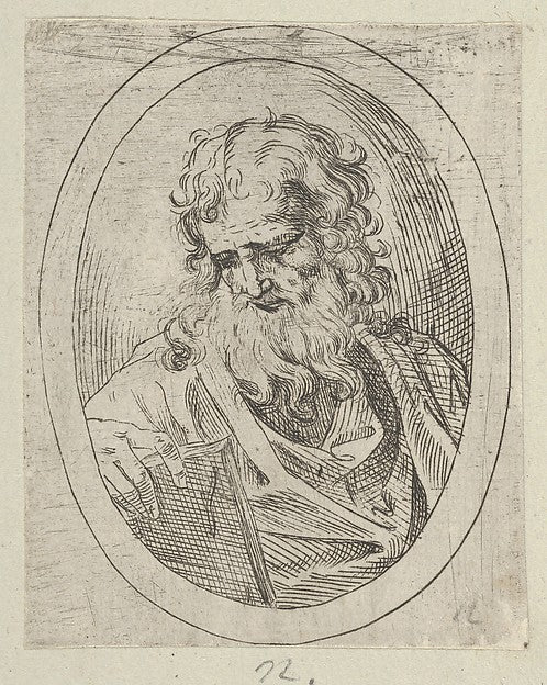 An apostle with a long beard looking down at an open book in , Poster Print Wall Art