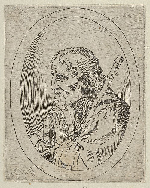 Saint Jude in prayer seen in profile facing left with a staff, Poster Print Wall Art