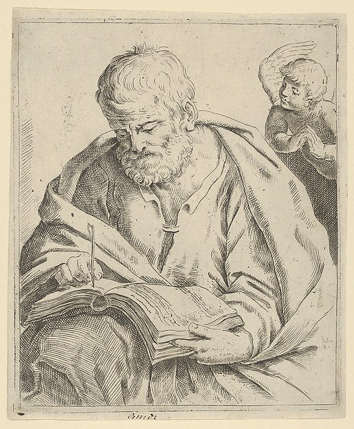 Old man seated and writing in a book an angel at right lookin, Poster Print Wall Art