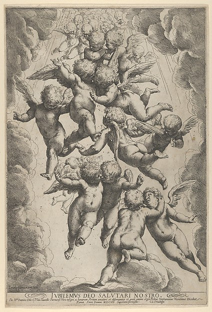 A group of angels embracing in flight framed by clouds c1607-,16x12"(A3)Poster