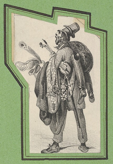 Victor Adam - Man wearing two hats and holding boots jackets a, Poster Print Wall Art