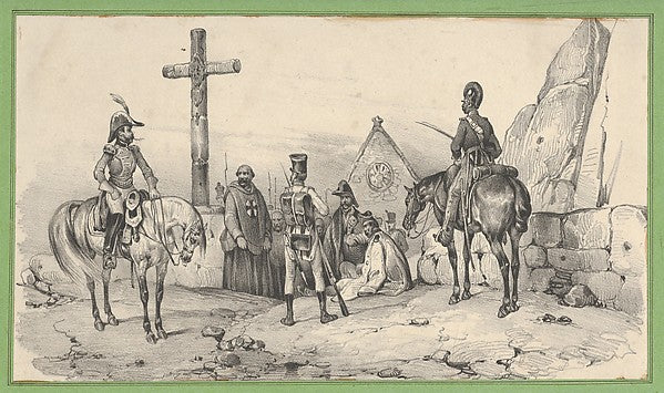 Victor Adam - Soldiers gathered in front of a church with prie, Poster Print Wall Art