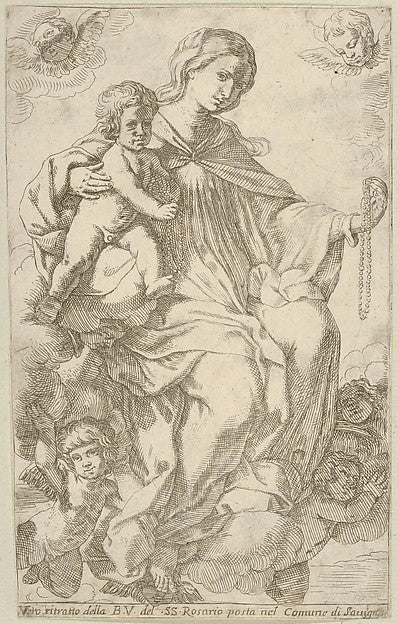 The Virgin in the clouds holding a rosary in her left hand and, Poster Print Wall Art