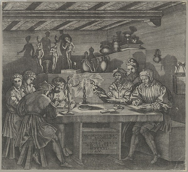 Baccio Bandinelli in his studio holding a statuette of Venus , Poster Print Wall Art