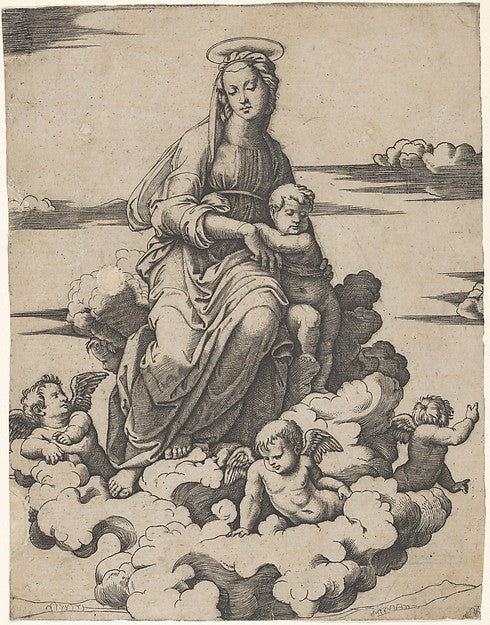 The Virgin and the Christ Child seated on clouds c1500–1534-Ma,16x12"(A3) Poster