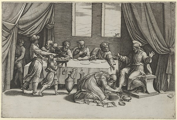 Christ at the table of Simon the Pharisee Mary Magdalene wash, Poster Print