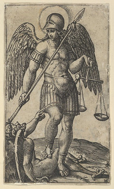 Saint Michael holding scales and a lance a demon beneath him,16x12"(A3) Poster