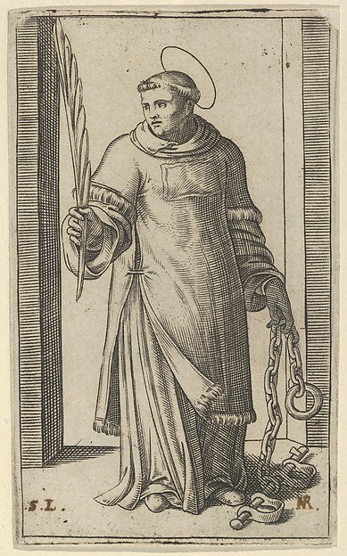 St Leonard standing holding a palm in his right hand and chain, Poster Print