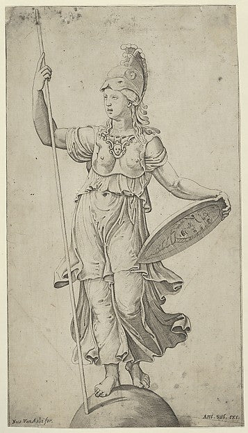 Pallas Athena standing on a globe holding a spear in her left, Poster Print