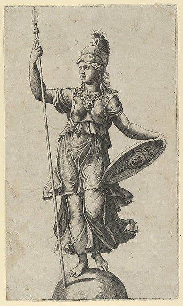 Pallas Athena standing on a globe a spear in her left hand a, Poster Print