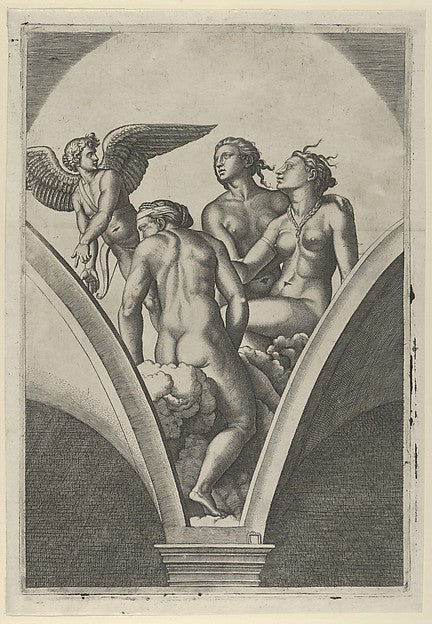 The Three Graces sitting on clouds cupid at the left after R, Poster Print