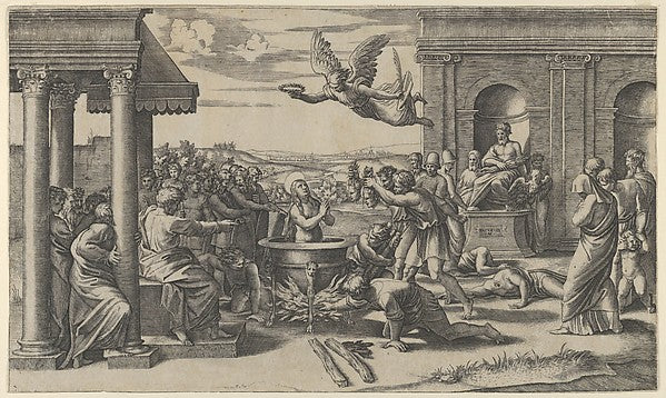The Martydom of Saint Cecilia standing naked in a large cauldr,16x12"(A3) Poster
